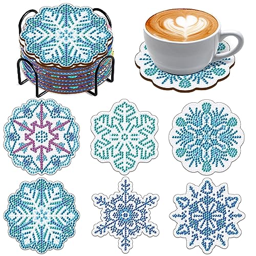 Souarts Schneeflocken Diamond Painting Untersetzer mit Halter, 6PCS Weihnachten DIY Diamant Painting Coasters Basteln Erwachsene Kinder für Glas Tassen Vasen Kerzen Getränke von Souarts