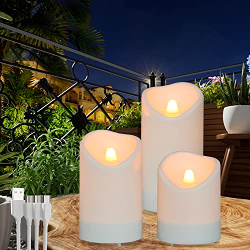 SoulBay LED Kerzen Aufladbar, SoulBay 8/13/15cm Solar Kerzen Außen Wasserdicht Stumpenkerzen Elektrische Kerzen mit Flackernde Flamme für Outdoor Garten Balkon Zimmer Wohnzimmer Deko, 3er Set von SoulBay