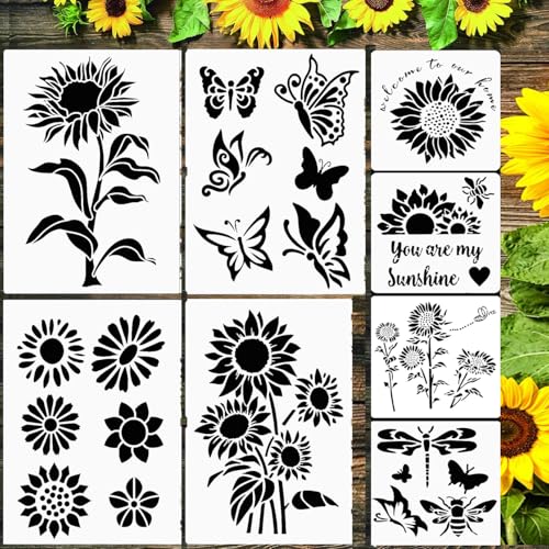 SoulQool 8 Stück 30,5 cm Sonnenblumen-Schmetterlinge, Malschablonen-Set zum Malen auf Holz, Wand, Leinwand, "You are My Sunshine", wiederverwendbare Kunststoffvorlage für Tür, Heimdekoration von SoulQool