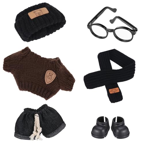 Soulchen 17 cm Puppenkleiderzubehör-Set (ohne Puppe), Hut, Schal, hellbrauner Pullover, dunkelblaue Jeans, Brille und Gummischuhe, Set für 17 cm Puppenzubehör, Anzug, niedliche Kleidung zum Verkleiden von Soulchen