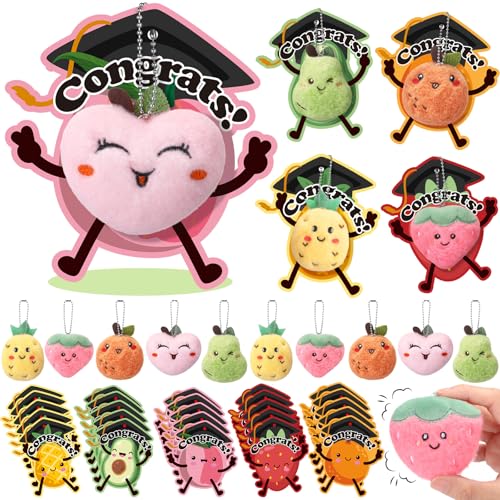 Soulchen 25 Stück Schlüsselanhänger aus Plüsch zum Schulabschluss, Obst, mit Karten, Jahresende, Party-Dekorationen für Abschlussfeier, Partygeschenke, Geschenktüten von Soulchen