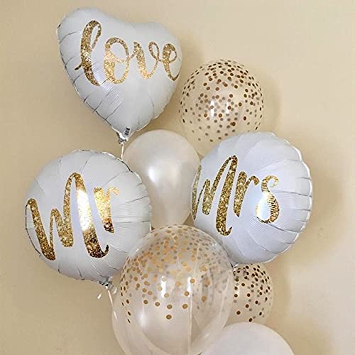PRESENTORY | Hochzeitsdeko in Weiß & Gold | Helium-geeignet | Hochzeitsballons mit Mrs, Mr. & Love | 9x Heliumballons für die perfekte Hochzeitsfeier | Ballongirlande für Brautpaar | Just Married von Soulstice