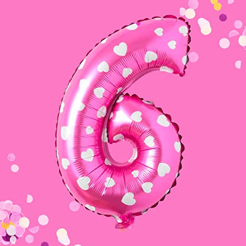PRESENTORY | Zahlenballon 6 in Pink mit weißen Herzchen | 1 Meter große Folienballons Zahlen 0-9 | Helium-geeignet | geeignet für Geburtstage, Jahrestage | Geburtstagsdeko für Mädchen | Zahl Sechs von Soulstice