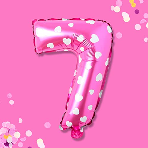 PRESENTORY | Zahlenballon 7 in Pink mit weißen Herzchen | 1 Meter große Folienballons Zahlen 0-9 | Helium-geeignet | geeignet für Geburtstage, Jahrestage | Geburtstagsdeko für Mädchen | Zahl Sieben von Soulstice