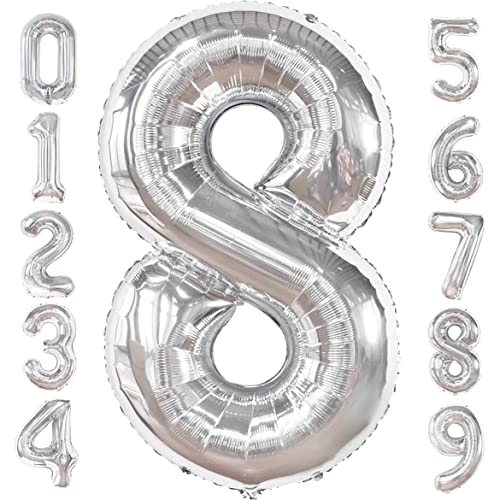 PRESENTORY | Zahlenballon 8 in Silber | 1 Meter große Folienballons Zahlen 0-9 | Helium-geeignet | silberne Nummernballons| geeignet für Geburtstage| Luftballons als Geburtstagsdeko | Zahl Acht von Soulstice