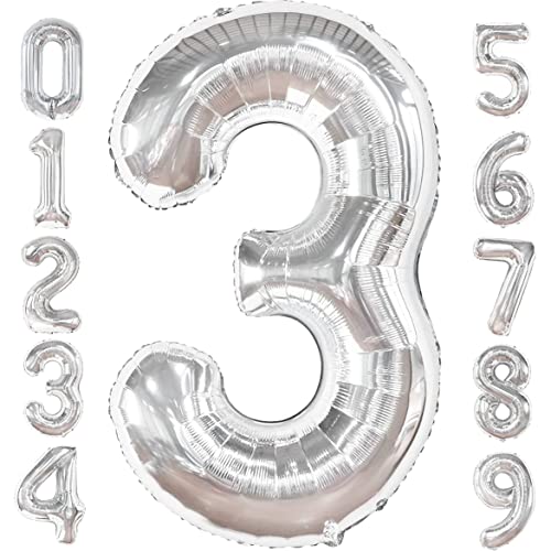 PRESENTORY | Zahlenballon 3 in Silber | 1 Meter große Folienballons Zahlen 0-9 | Helium-geeignet | silberne Nummernballons| geeignet für Geburtstage| Luftballons als Geburtstagsdeko | Zahl Drei von Soulstice