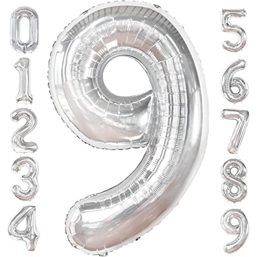 PRESENTORY | Zahlenballon 9 in Silber | 1 Meter große Folienballons Zahlen 0-9 | Helium-geeignet | silberne Nummernballons| geeignet für Geburtstage| Luftballons als Geburtstagsdeko | Zahl Neun von Soulstice