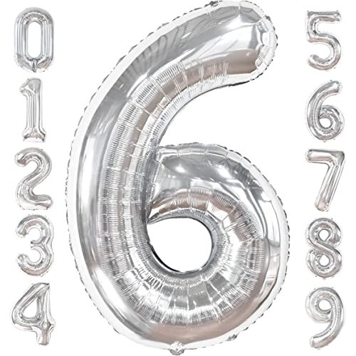 PRESENTORY | Zahlenballon 6 in Silber | 1 Meter große Folienballons Zahlen 0-9 | Helium-geeignet | silberne Nummernballons| geeignet für Geburtstage| Luftballons als Geburtstagsdeko | Zahl Sechs von Soulstice