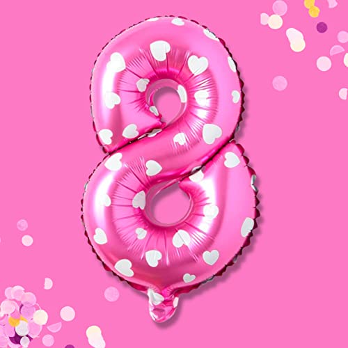 PRESENTORY | Zahlenballon 8 in Pink mit weißen Herzchen | 1 Meter große Folienballons Zahlen 0-9 | Helium-geeignet | geeignet für Geburtstage, Jahrestage | Geburtstagsdeko für Mädchen | Zahl Acht von Soulstice