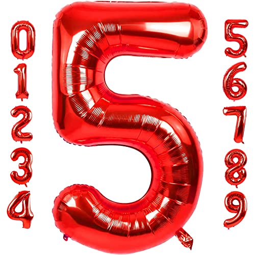 𝐏𝐑𝐄𝐒𝐄𝐍𝐓𝐎𝐑𝐘 XXL *1-Meter* Zahlenballon, Folienballon Zahl 5 in Rot, Luftballon Nummer Fünf als Geburtstagsdeko für Happy Birthday Girlande Mädchen von Soulstice