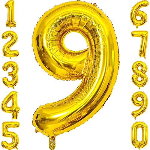 𝐏𝐑𝐄𝐒𝐄𝐍𝐓𝐎𝐑𝐘 XXL Zahlenballon in Gold, Folienballons als Geschenk und Überraschung für Geburtstage, Jubiläum, Hochzeit und Party Deko, Partydeko, Zahl Neun 9 von Soulstice