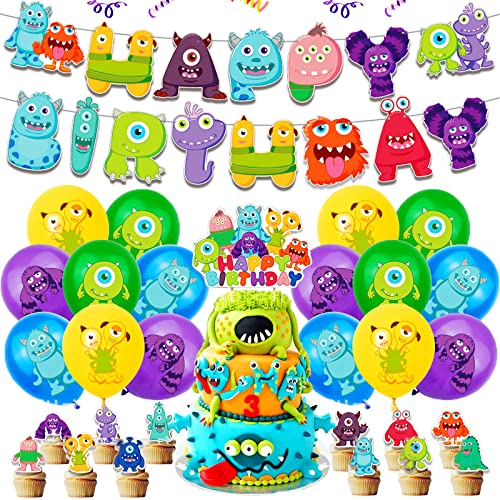 30 Stück Monster Party Luftballons Deko, Monster Party Kindergeburtstag Deko, mit Monster Alles Gute Zum Geburtstag Banner, Monster Kuchendeckel, für Kinder Geburtstags Dekoration von SoundZero