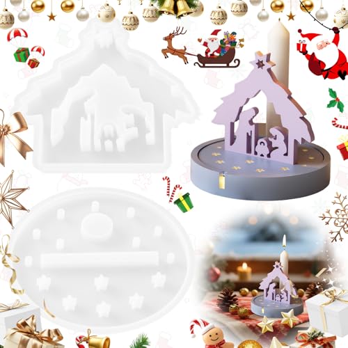 SoundZero 2 Stück Gießform weihnachten, Krippe Silikon Gießform Set, Silikon GießForm Weihnachtskrippe, Silikonform Baum Silikonform Haus mit Sockel, Kerzenhalter Gipsform von SoundZero