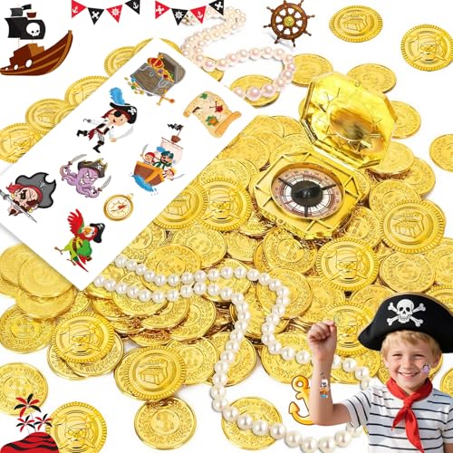 SoundZero 50 Stück Piraten Goldmünzen, Goldmünze für Piratenschatz Kindergeburtstag, Schatzkiste Kindergeburtstag, PlastikgoldmüNzen-GoldmüNzen, Goldmünzen, Mit einem Piraten -Tattoo -Aufkleber von SoundZero