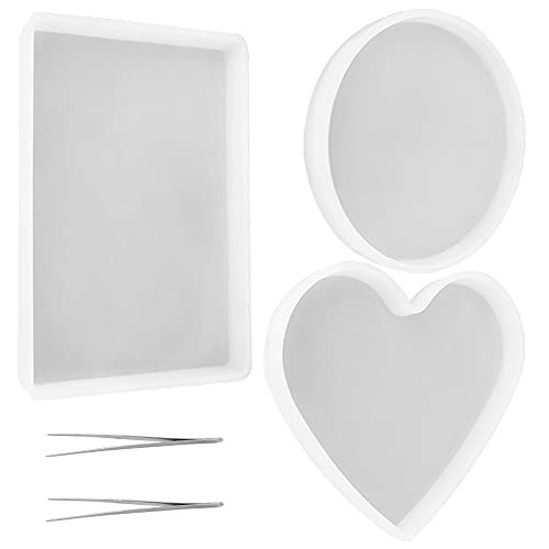 SourceTon 3-teiliges Silikon-Untersetzerformen-Set mit 2 Pinzetten – rund, rechteckig, Herzharz-Formen für DIY-Epoxid-Untersetzer, Kerzenhalter, Basteln von SourceTon