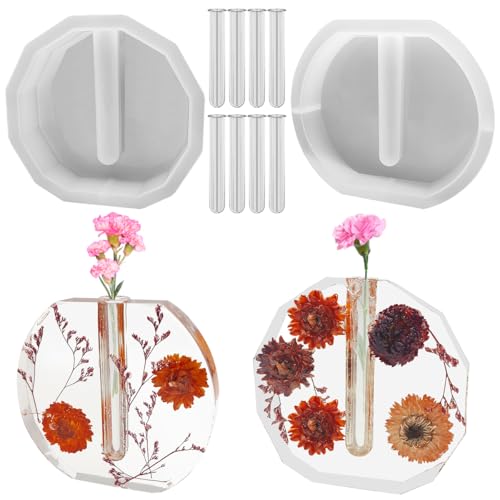 SourceTon Silikon-Vasenformen für Epoxidharz, polygonale und elliptische Blumen-Pflanzgefäßformen mit 8 Röhren, wiederverwendbar, für Hydrokultur, Hochzeitsdekoration, Valentinstagsgeschenk von SourceTon