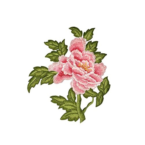 Sourcemall Aufnäher Pfingstrosen zum Aufnähen, bestickte Blumenapplikationen für DIY-Kleidung, Jacken, Jeans, Rucksäcke, Hüte, Kunsthandwerk Nähherstellung (rosa Pfingstrose mit Blatt, L) von Sourcemall