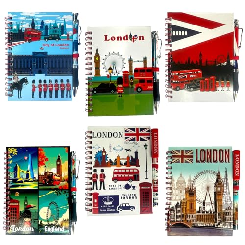 Souvenirs 6 London-Notizbücher HS England Notizblock Stift Union Jack Britisches Geschenk Berühmtes Londoner Wahrzeichen A6 Notizbücher mit passendem Design-Stift von Souvenirs