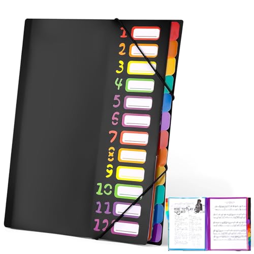 Souvik Fächermappe A4 12 Seiten Farbig mit Etiketten Dokumentenmappe A4 mit Gummizug Pultordner PP Kunststoff Wasserdicht Leicht zu Tragen Organizer für Büro Schule und Zuhause Schwarz (1 stück) von Souvik