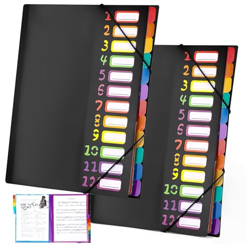 Souvik Fächermappe A4 12 Seiten Farbig mit Etiketten Organizer für Büro Schule und Zuhause Dokumentenmappe A4 mit Gummizug Pultordner PP Kunststoff Wasserdicht Leicht zu Tragen Schwarz (2 stück) von Souvik
