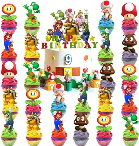 Mario Geburtstag Tortendeko 25 Stück Mario Cupcake Toppers Kindergeburtstag Deko, Cupcake Toppers Kuchen Deko für Junge Mädchen Kinder Geburtstag Party Dekorationen von Sovanna