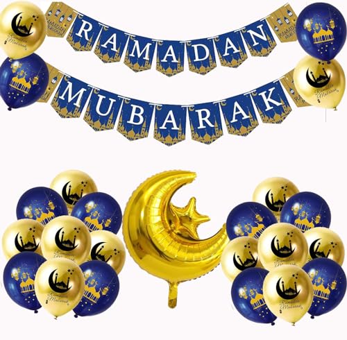 Ramadan Mubarak Dekoration, Ramadan Mubarak Banner Girlande, Ramadan Luftballons, Gold Stern Mond Ramadan Folienballon, EID Mubarak Deko für Eid Festival Party Deko von Sovanna