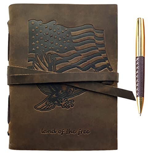 Sovereign-Gear Patriotisches Geschenk Amerikanische Flagge und Adler, Leder Tagebuch Notizbuch USA-Flagge handgefertigtes Reisetagebuch A5, Vintage-Schriftzug für Männer und Frauen 15 x 20 cm + Stift von Sovereign-Gear