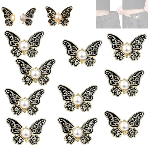 Abnehmbare Schmetterlingsclips, Hosen Enger Machen Clip, Schmetterlings-Taillenknopf, Hosenbund-Straffer mit Schmetterlings-Verschluss, Taillenbund-Straffer ohne Nähen (Black-10PCS) von Sovtay