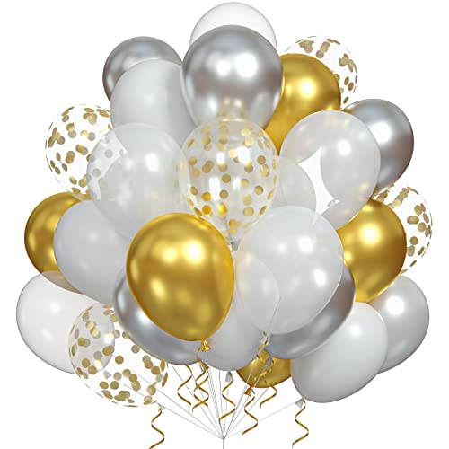Gold Silber Weiß Luftballons, 60 Stück Gold Konfetti-Luftballons Metallic Gold und Silber Luftballons Party-Luftballons für Geburtstagsfeier, Hochzeit, Babyparty, Geburtstagsfeier-Dekoration von Sowide