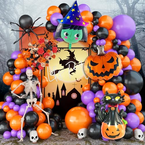 Halloween Luftballons Girlande,101 Stück schwarz orange lila Latexballons mit Hexenkürbis schwarze Katze Aluminiumfolienballon für Kinder Halloween Themenparty Hintergrunddekorationen von Sowide