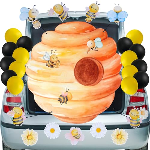 Sozize Halloween Kofferraum oder Leckerli Auto Dekorationen Kit Bee Thema SUV Auto Torbogen Garagentor Dekorationen mit Bienenstock Gänseblümchen Luftballons Halloween Party Supplies von Sozize