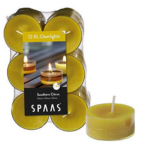 Spaas 12 Maxi Duftenden Clearlights, Teelichter mit durchsichtigem Halter, ± 8 Stunden-Southern Citrus, Paraffinwachs, Herbst gelb, D 56 mm x H 21 mm Spaas 12 Maxi Duftenden Clearlights, Teelichter mit durchsichtigem Halter, ± 8 Stunden-Southern Citrus, Paraffinwachs, Herbst gelb, D 56 mm x H 21 mm von Spaas