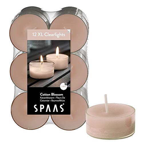 Spaas 12 Maxi Duftenden Clearlights, Teelichter mit durchsichtigem Halter, ± 8 Stunden-Cotton Blossom, Paraffinwachs, Beige, D 56 mm x H 21 mm von Spaas