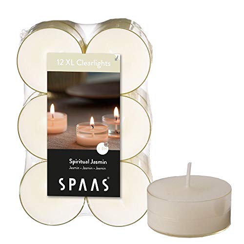 Spaas 12 Maxi Duftenden Clearlights, Teelichter mit durchsichtigem Halter, ± 8 Stunden-Spiritual Jasmin, Paraffinwachs, Weiß, D 56 mm x H 21 mm Spaas 12 Maxi Duftenden Clearlights, Teelichter mit durchsichtigem Halter, ± 8 Stunden-Spiritual Jasmin, Paraffinwachs, Weiß, D 56 mm x H 21 mm von Spaas