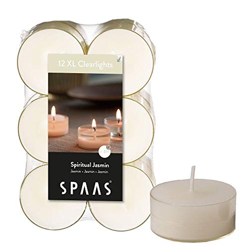 Spaas 12 Maxi Duftenden Clearlights, Teelichter mit durchsichtigem Halter, ± 8 Stunden-Spiritual Jasmin, Paraffinwachs, Weiß, D 56 mm x H 21 mm von Spaas