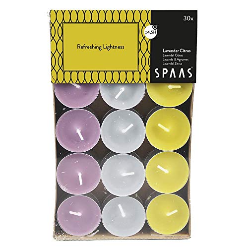 Spaas 30 Duft-Teelichter Farben Sortiert, ± 4,5 Stunden-Refreshing Lightness, Paraffinwachs, Herbst gelb, D 39 mm x H 16 mm von Spaas
