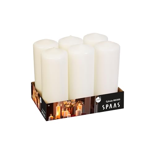 Spaas 6er-Pack Stumpenkerze 80/200 mm, ± 100 Stunden, ohne Duft-weiß, Paraffinwachs, 8E+1 mm, 6 von Spaas