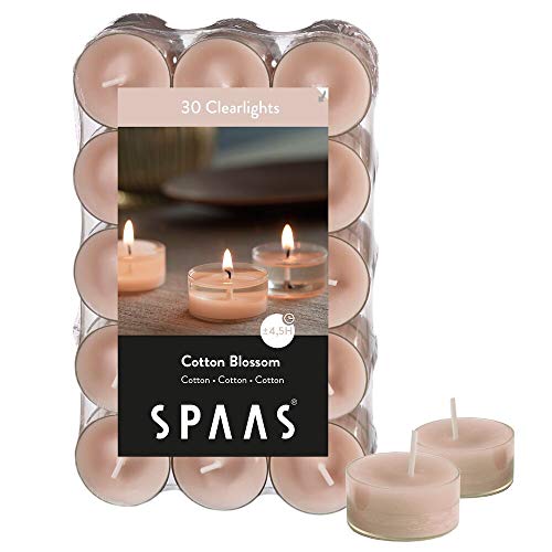 Spaas Pack bougies Godets transparentes parfumées Fleur de Coton 30 Duftenden Clearlights, Teelichter mit durchsichtigem Halter, ± 4,5 Stunden-Cotton Blossom, Paraffinwachs, Beige, D 38 mm x H 19 mm von Spaas