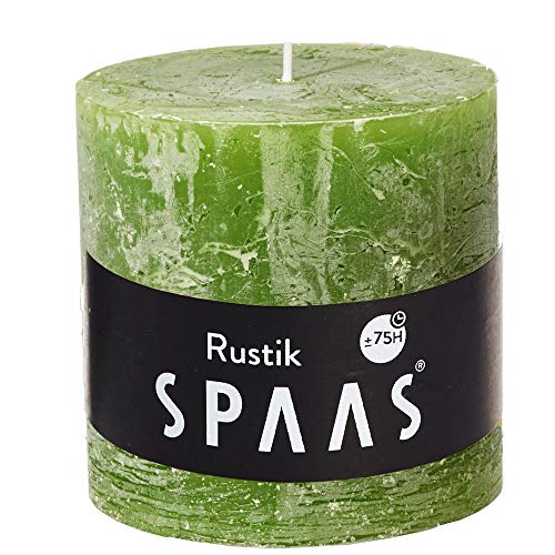 Spaas Rustic Unscented Pillar Candle Hours-Olive Green Rustikale Stumpenkerze 100/100 mm, ± 75 Stunden, ohne Duft-olivgrün, Paraffinwachs, D x H 100 mm, 678 von Spaas