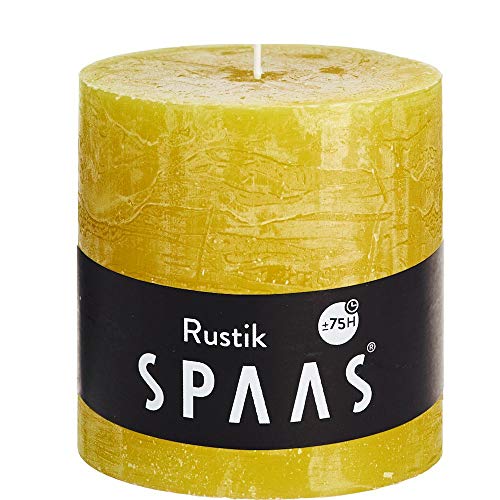 Spaas Rustic Unscented Pillar Candle Hours-Autumn Yellow Rustikale Stumpenkerze 100/100 mm, ± 75 Stunden, ohne Duft-Herbst gelb, Paraffinwachs, D x H 100 mm, 680 von Spaas