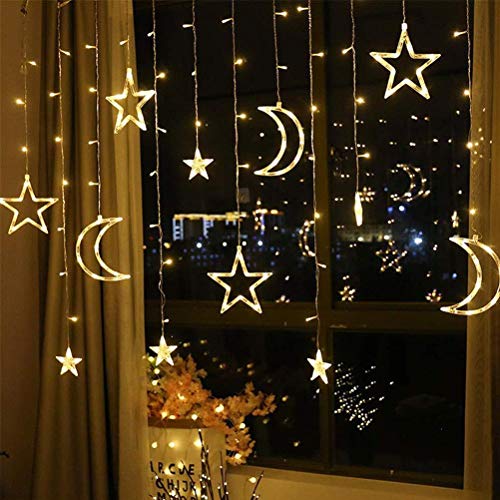 Vorhang Licht Stern Mond Fenster Lichter Dekoration Lichterkette für Schlafzimmer Wohnzimmer (Warmweiße 3,5 Meter USB-Fernbedienung) von Spacnana