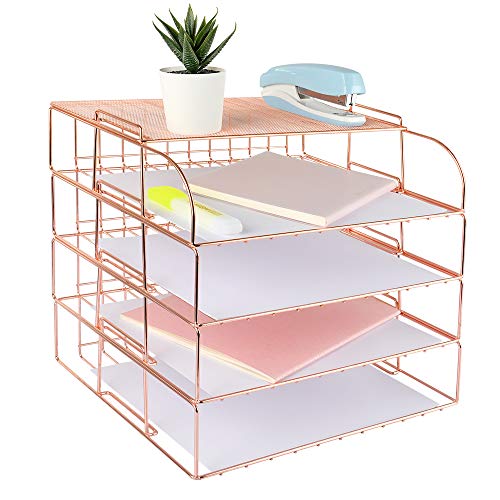 Spacrea Briefablage, 4-stufiger, rotgoldener Schreibtisch-Organizer und Zubehör für Damen, stapelbarer Papierordner mit 1 oberen Ausstellungsregal (Roségold) von Spacrea