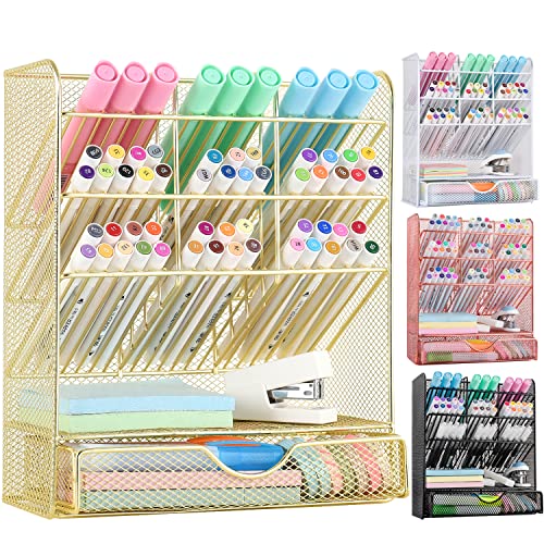 Spacrea Stift-Organizer aus Netzstoff – Stifthalter für Schreibtisch, Schreibtisch-Organizer mit Schublade für Schule, Zuhause, Kunstbedarf (Gold) von Spacrea