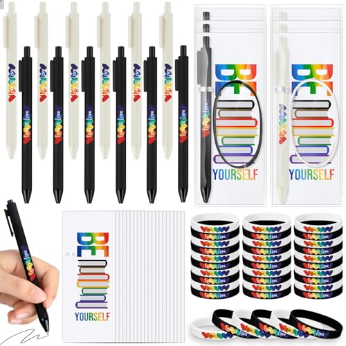 Spakon 100 Set Gay Pride Geschenke Regenbogen Silikon Armband LGBT einziehbarer Kugelschreiber schwarze Tinte Geschenkkarten mit Drehbändern, Pride Dekorationen für Paraden Regenbogen Festival Gay von Spakon
