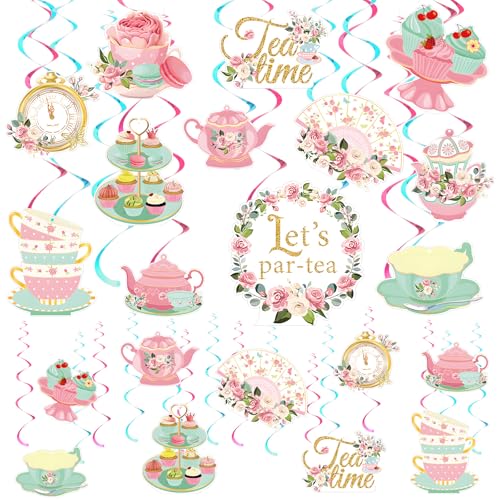 Spakon 72pcs Tea Party Dekoration Floral Tea Party Hängende Wirbel Blume Teetasse Cupcake Teekanne Lets Partea Deckendekoration für Frühling Muttertag Hochzeit Prinzessin Geburtstag Sprechende Party von Spakon