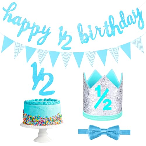 Spakon Glitter Half Birthday 6 Months Happy Birthday Banner Set Happy 1/2 Birthday Baby Boy Girl 1/2 Half Year Cake Topper Triangle Flag Banner 1/2 Birthday Crown Hat Bow Tie (Blue) von Spakon