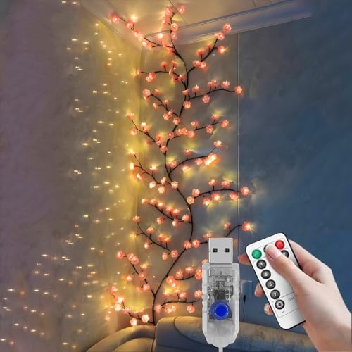 Spalivivre Kirschblüten Willow Vine Wand Deko, Lichterkette Willow Vine mit Fernbedienung, 8 Modi, USB-Betriebene Timer, 144 LEDs Kirschblüten Zweige Lichter für Schlafzimmer Deko (2.3Meter) von Spalivivre