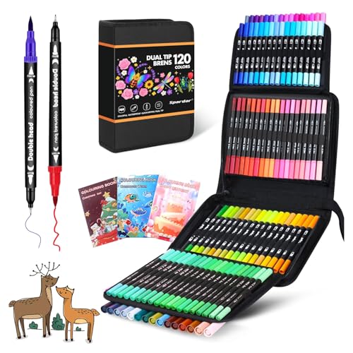 Spardar 120 Filzstifte, Filzstifte Dicke und Dünne, Doppelspitze Mit Schwarzer Tragetasche Und 3 Malbücher, Für Kinder Und Erwachsene, für Kalligraphie, Manga, Malbücher und Handlettering von Spardar