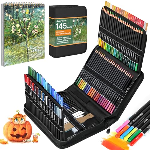 Spardar 145 Teiliges Zeichenstifte, Zeichenset mit 120 Farbige Buntstifte, Kohlestiften, Graphitstift und Aufbewahrungstasche & Skizzenbuch A4, Geeignet für Anfänger & Profis von Spardar