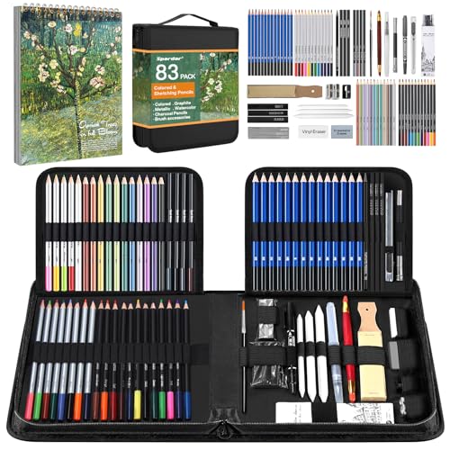 Spardar 83 Teiliges Zeichenstifte, Zeichenset mit Kohlestiften, Grafit, Bunt, Aquarell, Metallstifte, Inklusive Aufbewahrungstasche und A4 Skizzenbuch, Geeignet für Anfänger & Profis von Spardar